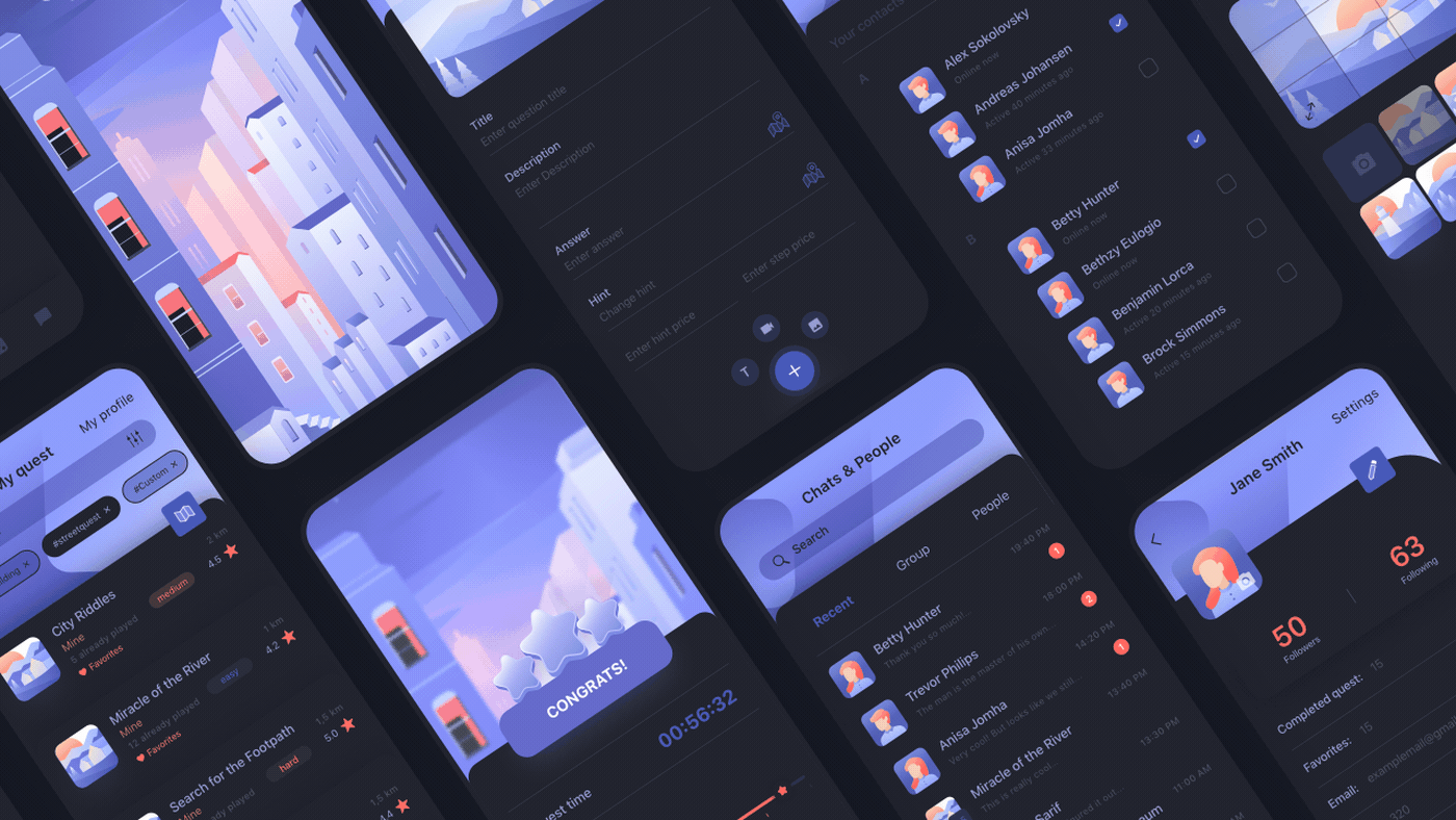 Mobile app design update - Questy light and dark theme