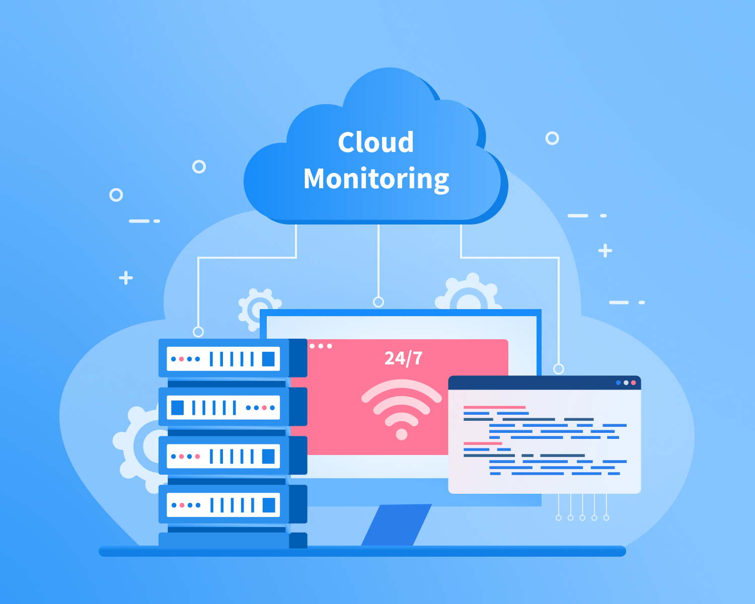 Cloud monitoring concept with servers and 24/7 system control